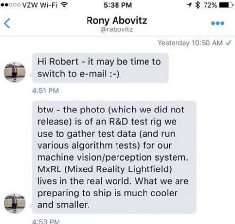 Robert Scoble's tweet exchange with Rony Abovitz.