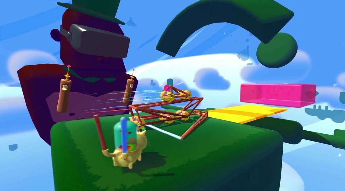 You have to get a pink dot into a pink box in Fantastic Contraption.