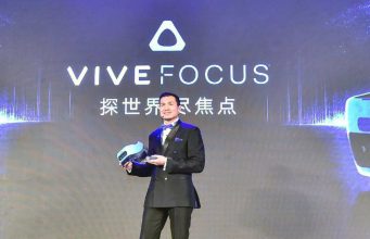 Vive China President Alvin Wang Graylin reveals the Vive Focus on stage at VDC 2017 | Image courtesy HTC