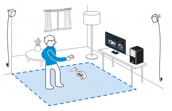 The HTC Vive Setup Guide shows an open playspace for roomscale VR experiences