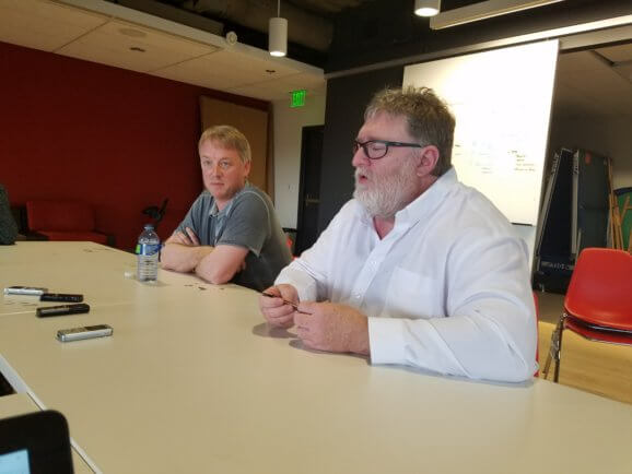 Valve's Gabe Newell (right) and Erik Johnson discuss the company's feelings on Trump's travel ban.