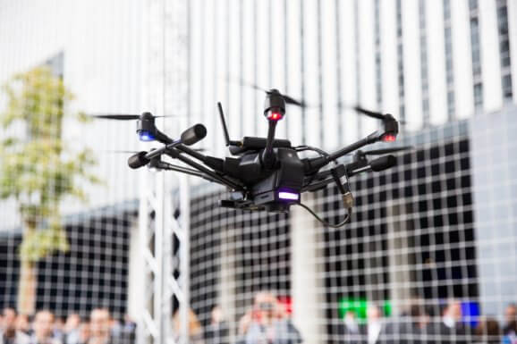 An Intel Corporation demonstration team displayed the company’s technology in a Yuneec unmanned aerial vehicle as part of their demonstrations at the 2016 Mobile World Congress.